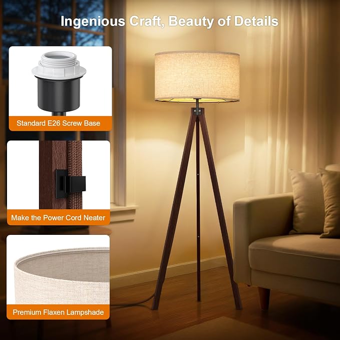 LEPOWER Tripod Floor Lamp Mid Century Modern Standing Lamps for Living Room | Light-Diffusing Linen Shade, Premium Rubberwood Tripod with E26 Base, Adding Warmth to Bedroom, Office & Study Corner Walnut
