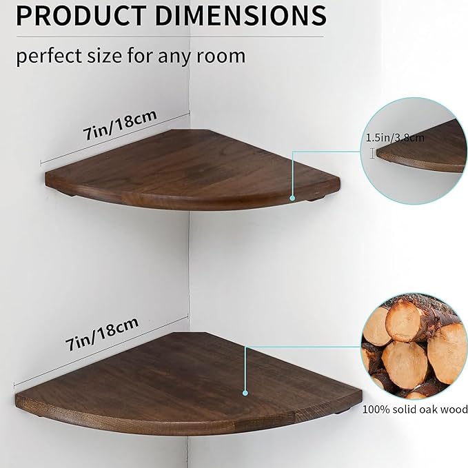 Corner Shelves, Floating Corner Shelf, Set of 2 7inch Solid Oak Wood Corner Wall Shelves, Round End with Wire Hole for Small Plant for Bedroom Kitchen, Living Room