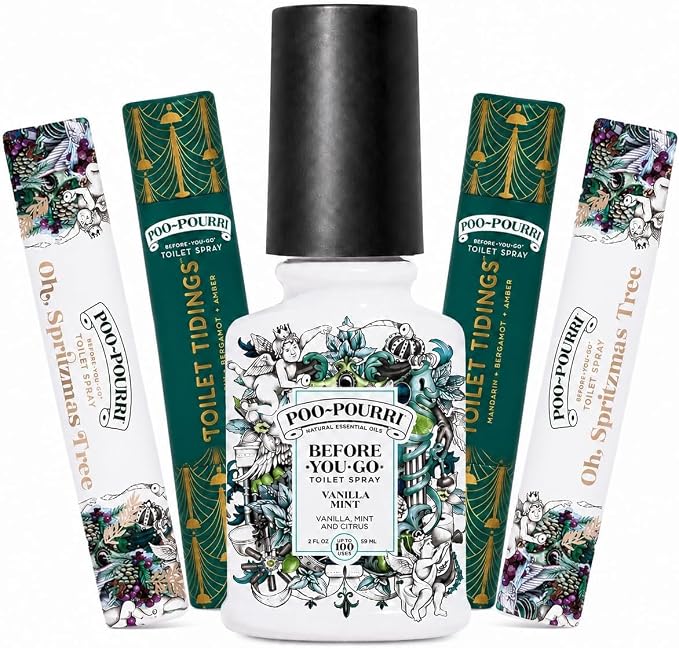 Poo-Pourri Before-You-Go Toilet Spray Vanilla Mint 2 Fl Oz & 10 ml Travel Sprays - Toilet Tidings and Oh, Spritzmas Tree