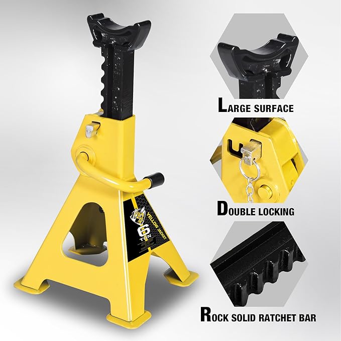 YELLOW JACKET Jack Stands 6 Ton with Double Locking and Large Foot Base for Lifting SUVS, Heavy Duty Steel, 13000 lb Capacity, 1 Pair, Yellow
