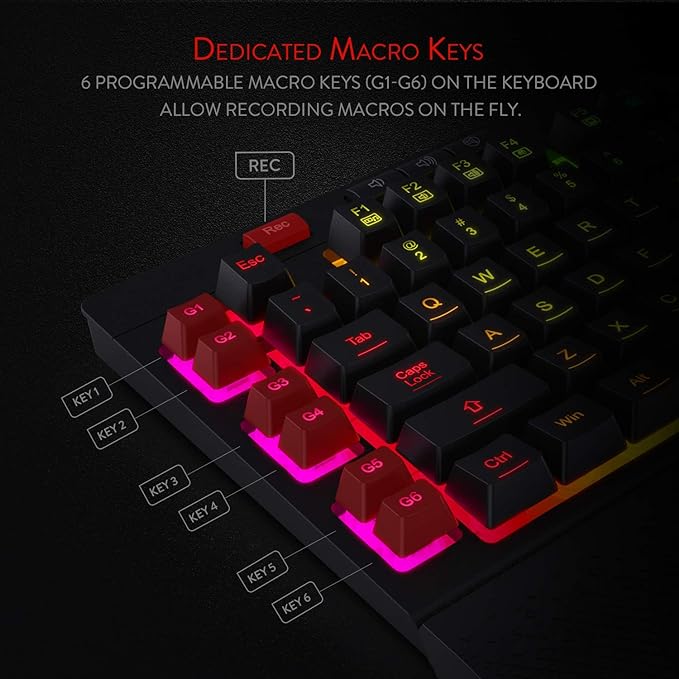 Redragon K512 RGB Membrane Gaming Keyboard, 6 Macro Keys & Easy Media Wheel | Dedicated Scroll Controls, No Software Needed 6 On-the-Fly Combos for Extensive Games, 13 Backlight Modes, Wrist Support