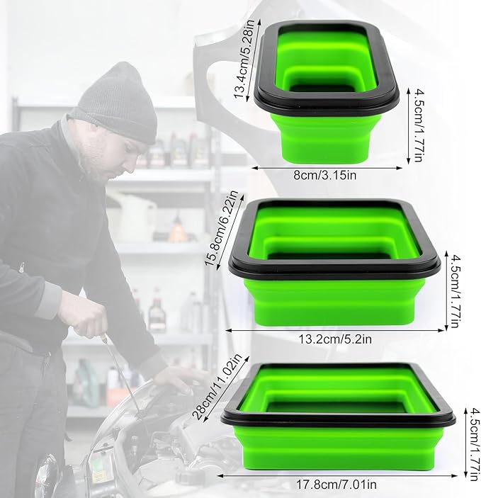 3pcs Collapsible Magnetic Parts Tray, 3 Sizes Magnetic Foldable Tray Insulating Silicone Magnetic Tool Tray for Mechanic's Folding Bowl & Magnetic Base for Bolts Screws Nuts Gaskets (Green)