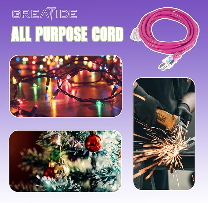 Outdoor Extension Cord with Lighted End, 12 Gauge Heavy Duty Extension Cord 50 FT, 3 Prong Grounded 15 Amp, 12/3 SJTW Waterproof Power Cord for Appliance, UL Listed, Pink