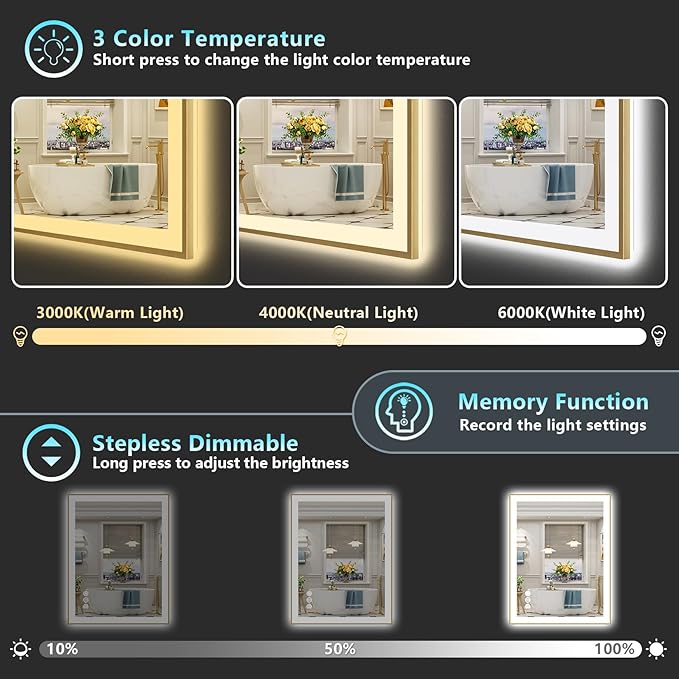 28x36 Gold LED Bathroom Mirror with Lights, Brushed Gold Framed Backlit and Front Lit Anti-Fog Lighted Vanity Mirrors for Bathroom Wall, Dimmable, 3 Colors, Memory, HD Tempered Glass, CRI＞90