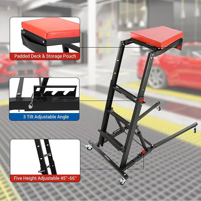 Automotive Top side Creeper, Adjustable Top Side Engine Creeper 48"-66", 400 LBS Capacity Heavy Duty Automotive Engine Creeper with Padded Deck & 4 Swivel Caster Wheels, Red Mat and Black Body