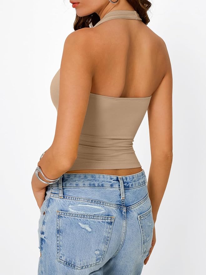 Trendy Queen Halter Tops for Women Going Out Summer Top | Cowl Neck Shirts, Sexy Backless, Fashion Y2K Clothes, Perfect for Party, Club, Vacation, Pair with High-waisted Bottoms