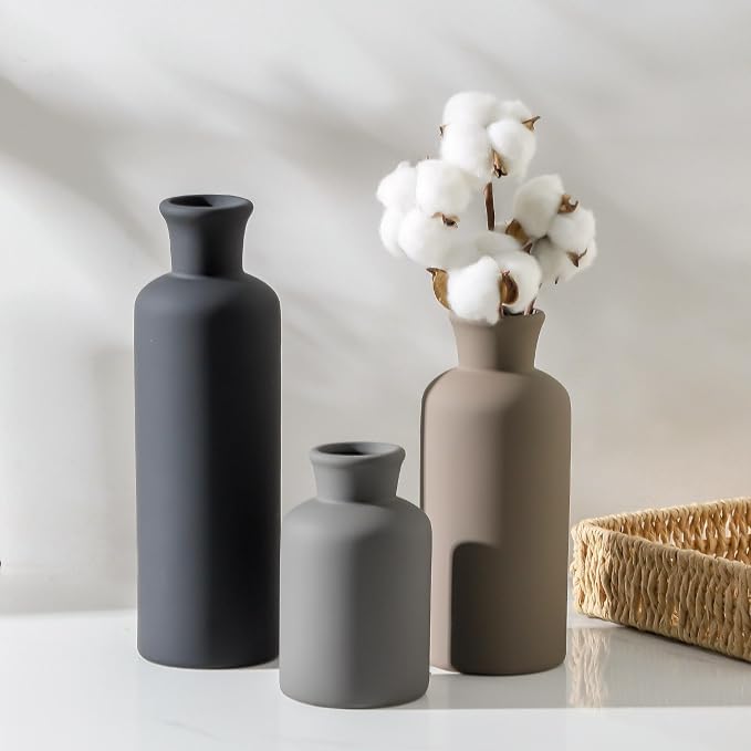 Ceramic Vase Set of 3, Neutral Vases Home Decor Rustic Farmhouse Decor Vase Terra Cotta Pottery Vases for Bouquet Pampas Grass Dried Fresh Flowers Living Room Kitchen Bedroom Bathroom - Multicolor