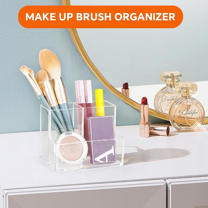 2 Pcs Acrylic Pen Holder for Desk, Pencil Holder for Home,Office | Plastic Marker Holder with 3 Compartments, Pencil Organizer for Classroom, Makeup Brush Holder for Bathroom, Remote Holder