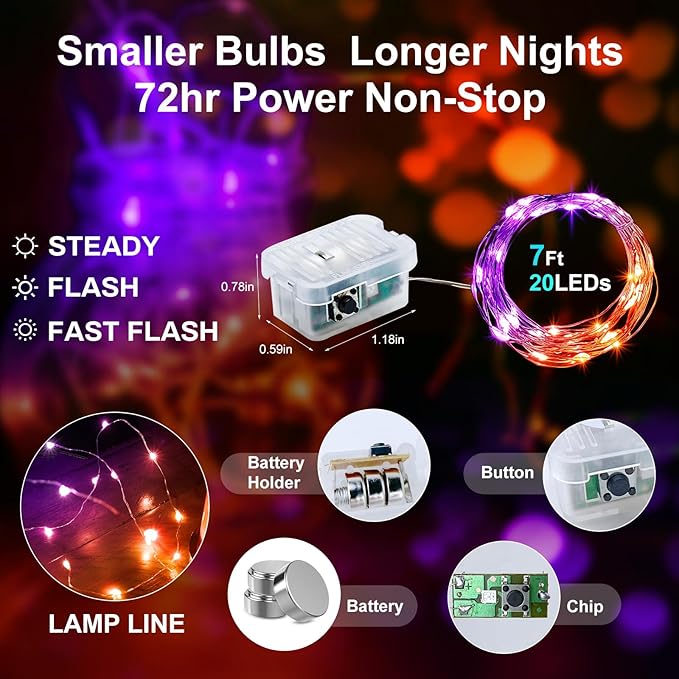 Aogist 100 Pack Fairy Lights 3 Modes 7ft 20 LED Waterproof,Battery Operated Silver Wire Firefly Starry Moon Mini String Lights for Mason Jars Christmas DIY Crafts Wedding Party Bedroom,Orange&Purple