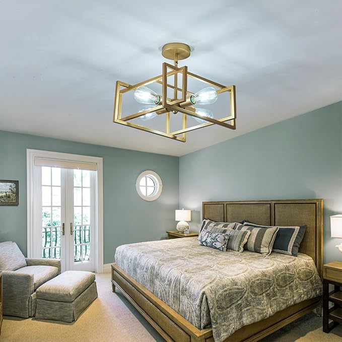 ZGLAOJT 4-Lights Ceiling Light Gold Light Fixture Industrial Flush Mount Ceiling Light Farmhouse Chandelier Lighting for Kitchen Island Dining Room Bedroom Foyer Hallway