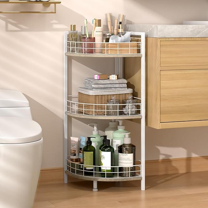 DAOUTIME Bathroom Standing Shelf, 3 Tier Free-Standing Shelf Units, Open Floor Shelves, Triangular Curved Corner Shelf Stand for Small Space, Ideal for Bathroom,Kitchen,Vanity Storage and Organizer