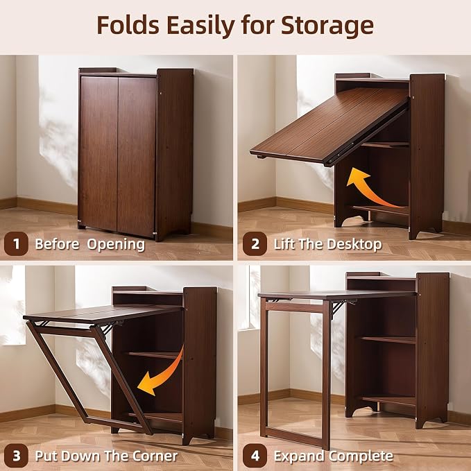 Bamboo Folding Desk with Storage, Foldable Desk for Small Spaces, Brown | Space-Saving Computer Desk with Storage, Compact Size, Writing Study Table for Home Office, Bedroom, Dorm, Apartment