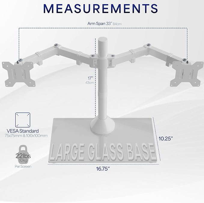 VIVO Dual Monitor Desk Stand for 13 to 32 inch Screens, STAND-V002FGW | Articulating, Freestanding Adjustable Monitor Arm, White with Glass Base, Computer Stand for 2 Monitors, Holds 22 lbs Each