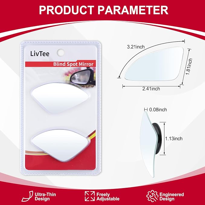 LivTee Blind Spot Car Mirror���Asymmetric Fan Shaped HD Glass Frameless Convex Rear View Mirror with wide angle Adjustable Stick for Cars SUV and Trucks, Pack of 2