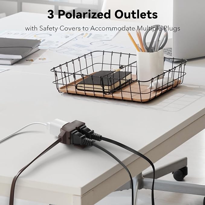 BN-LINK 9ft Indoor Extension Cord, 2 Pack, 3-Outlet Polarized Flat Cable, Household Power Cord for Home, Office, and Holiday Decorations, Brown