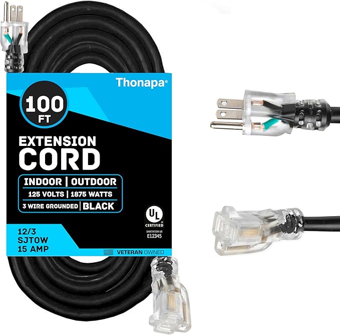 Thonapa 12/3 Black Oil Resistant Extension Cord 100 ft, SJTOW 12 Gauge Heavy Duty Extension Cord with 3 Prong, Black Electrical Cable Great for Farm, Ranch, Workshop - 15 AMP, US Veteran Owned Brand