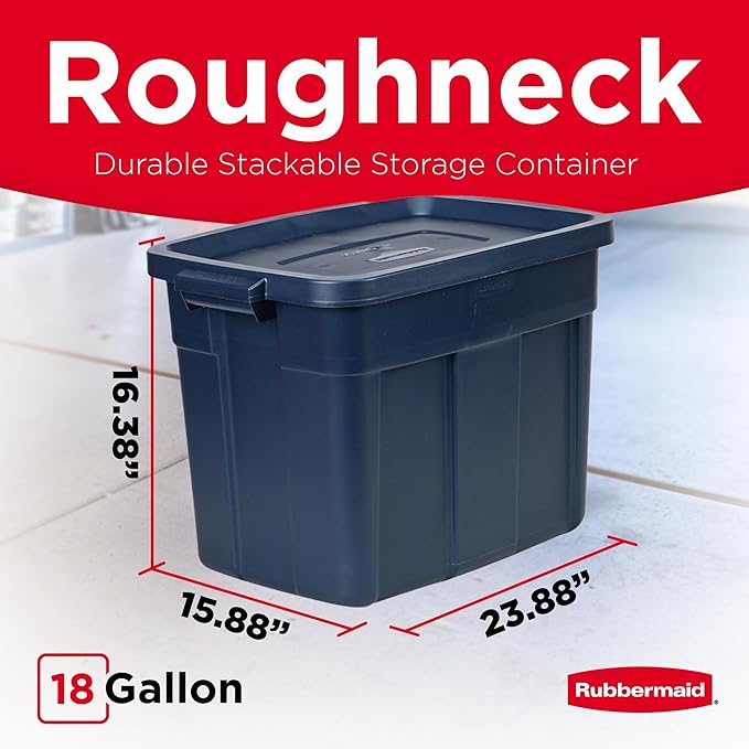 Rubbermaid Roughneck Tote 18 Gal, 6 Pack, Made in USA, Dark Indigo Metallic, Rugged Plastic Stackable Storage Bins with Lids and Handles