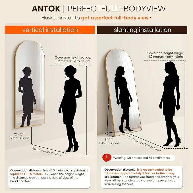 Antok 78" x38” Arched Full Length Floor Mirror, Gold Aluminum Frame, Free Standing/Wall Mount/Leaning for Bedroom, Living Room, Dressing Room