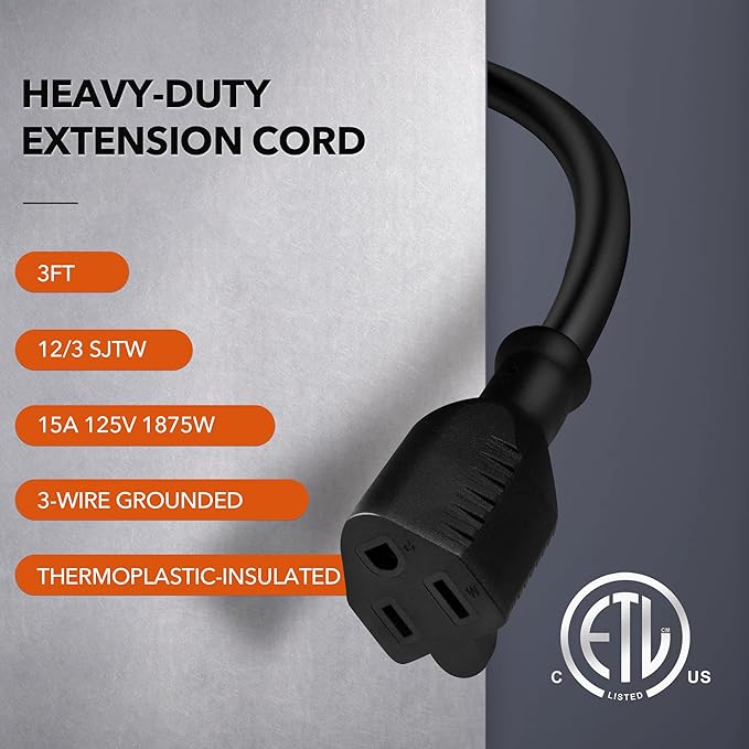 BN-LINK 3ft Outdoor Extension Cord, 15amps,12/3 SJTW Heavy Duty Power Cord, 3-Prong Grounded Plug, Weather Resistant, 1875W, Black, for Lawn, Garden, Appliances, ETL Listed