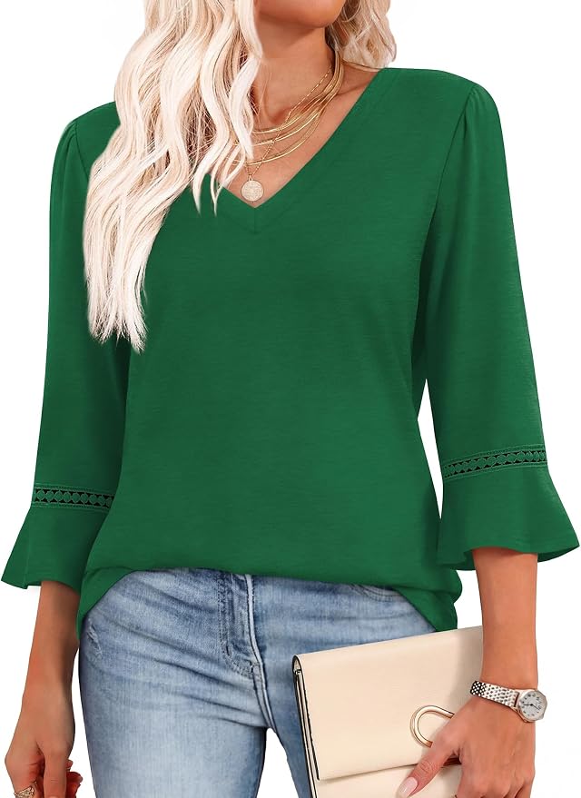 WIHOLL Womens Blouses Dressy Casual 3/4 Length Sleeve Tops Lace Trendy 2026 Spring Summer V Neck Shirts Vacation Outfits