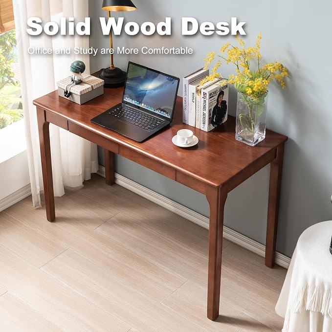 Solid Wood Desk with Drawers, Small Computer Desk for Small Spaces, Gaming Study Home Office Desks for Work, Student PC Desk for Bedroom, Escritorios para Cuartos (Cherry Color, 47inch)