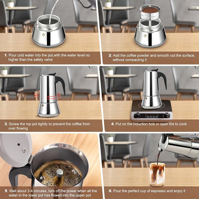 4 Cup Stovetop Espresso Maker Stainless Steel Moka Pot Stove Top Percolator Italian Coffee Makers Capable Mocha Greca Machine Cafe Classic Induction Cookers for Home and Camping 200ml 6.6oz