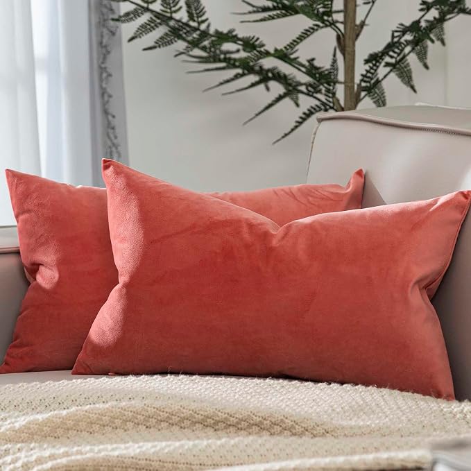 12x20 Throw Lumbar Pillow Covers Decorative Cushion Covers Set of 2,Coral | Soft Velvet Pillow Cases with Invisible Zipper for Modern Couch Sofa Bed Living Room Bedroom Home Decor