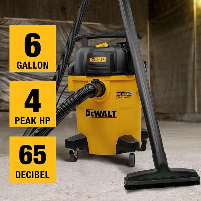 DEWALT 6 Gallon STEALTHSONIC Shop Vacuum Wet and Dry DXV06PL-QT, Ultra Quiet 4 Peak HP Wet Dry Vac for Jobsite & Workshop