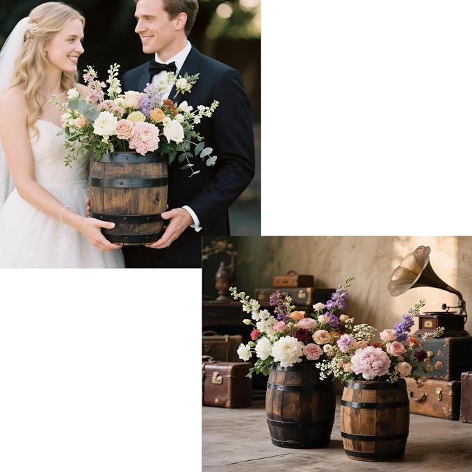 2 Pcs Wood Wine Barrel Vase 6" x 5" – Rustic Wooden Flower Vase Planter for Wedding Reception, Home Indoor Outdoor Garden, Kitchen, Party Table Decoration