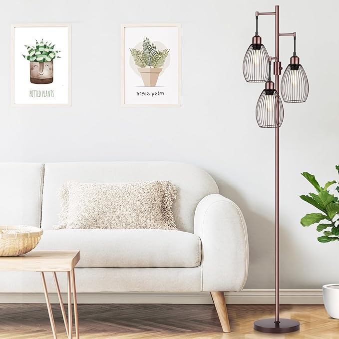 Dimmable Floor Lamp, 3 x 800LM LED Edison Bulbs Included, Farmhouse Industrial Floor Lamp Standing Lamp with Elegant Teardrop Cage Head Tall Lamp for Living Room Bedroom Office Dining Room - Brown