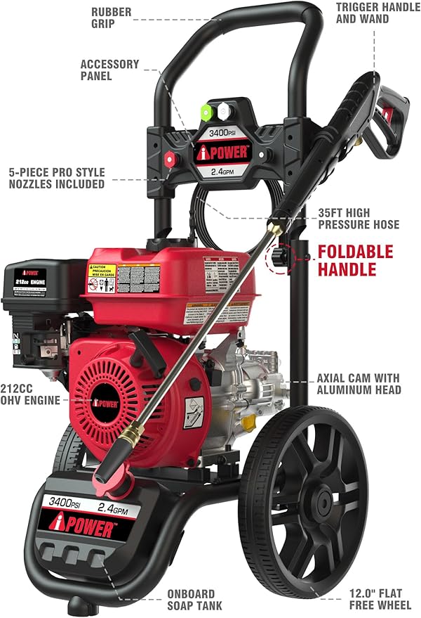 A-iPower Gas Pressure Washer 3400PSI 2.4 GPM Gas Powered Foldable Frame Pressure Washer 12'' Wheel Gas Power Washer, Onboard Soap Tank, with Spray Gun 5 QC Nozzles, for Fence/Cars/Driveways (GPW3400)