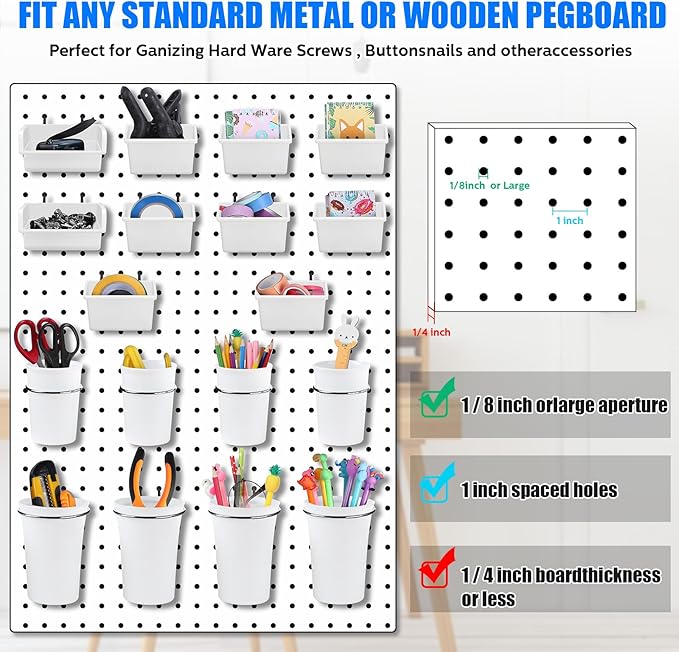 Sieral 64 Pieces Pegboard Bins Pegboard Cups with Hooks and Loops Peg Hooks Assortment Organizer Accessory for Organizing Accessories Tools Storage Office Workshop Garage Workbench (White)