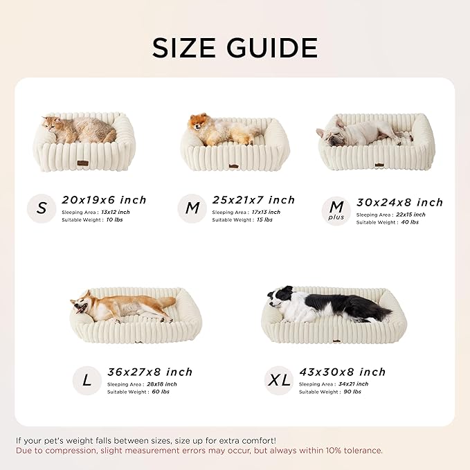 Bedsure Cute Dog Bed Medium Size Dog - Washable Furry Puppy Beds, Rectangle Orthopedic Corduroy Fleece Pet Beds with Removable Zipper Cover, 30x24x8inches, Cream