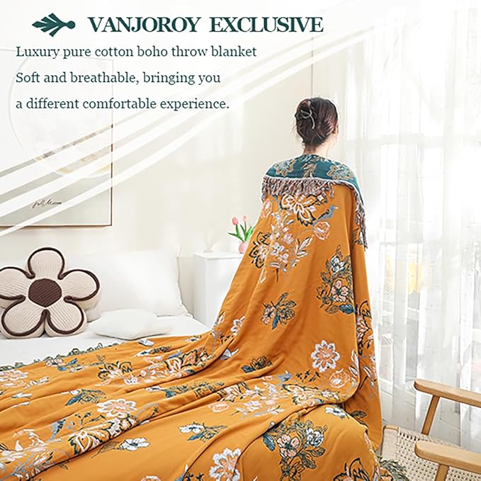 VANJOROY Boho Throw Blanket, 100% Organic Cotton Breathable Skin-Friendly Ultra Soft 50" x 60" Bed Yellow Throw - Floral Rustic Decor Luxury Reversible Blanket for Sofa Couch Chair and Gift,