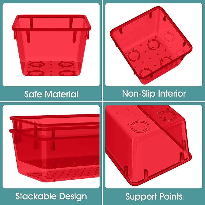 WOWBOX 25 PCS Plastic Drawer Organizer Set, 4 Sizes Desk Drawer Divider Organizers and Storage Bins for Makeup, Jewelry, Gadgets for Kitchen, Bedroom, Bathroom, Office, Clear Red