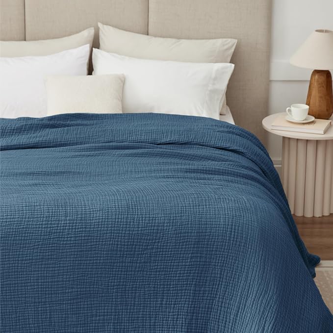 100% Cotton Muslin Blanket California King 120" x 90", 6 Layers Breathable and Lightweight Oversized Blankets for Bed, Soft Cooling Gauze Blanket for Adults All Season, Dark Blue