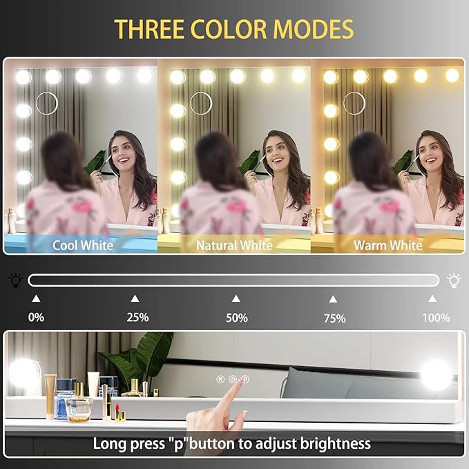 22.8 x 18.2 Vanity Makeup Mirror with Lights, 10X Magnification,Large Hollywood Lighted Vanity Mirror with 15 Dimmable LED Bulbs, USB Charger Port, Tabletop or Wall-Mounted Gold