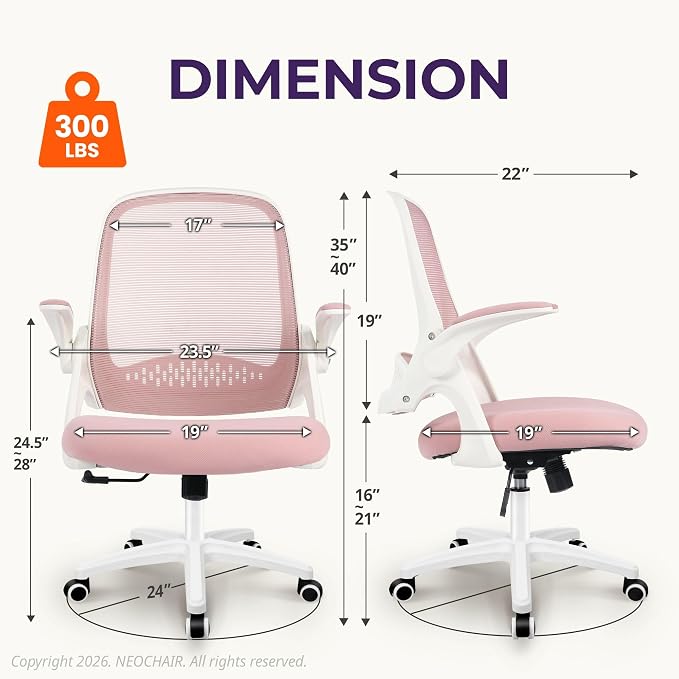 NEO CHAIR Office Desk Gaming Ergonomic Computer Chair with Lumbar Back Support Adjustable Height Swivel Rolling Wheels Flip-up Arms Mesh Chair for Home Vanity (Pink) | Lumbar Support, Height Adjustment, 360° Swivel and Rolling Base, Space-Saving Design...