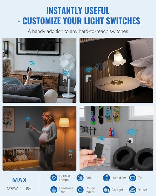 Black Remote Control Outlet, WILAWELS Wireless Light Switch with Magnetic Base, On Off Remote Outlet Switch for Lamps, Appliance, 100ft RF Range, 15A/1875W, Pre-Programmed, FCC Listed H09RC1106