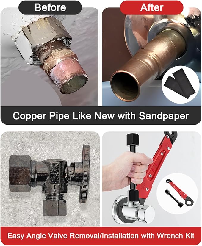 5 Pcs Plumbing Tools Kit with Angle Stop Wrench, Adjustable Wrench Professional Plumbers Wrench for Installing New Compression Angle Stop and Removing Compression Ring with Storage Bag