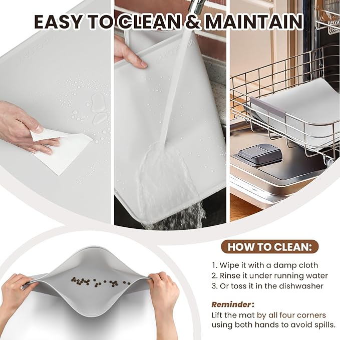 VIVAGLORY Dog Food Mat Flexmat Dog Bowl Mat, Placemat Food Tray with Raised Edges & Lip for Indoor Floor, Non Slip Waterproof Silicone Dish Placemat for Cat & Pet, L, Ivory