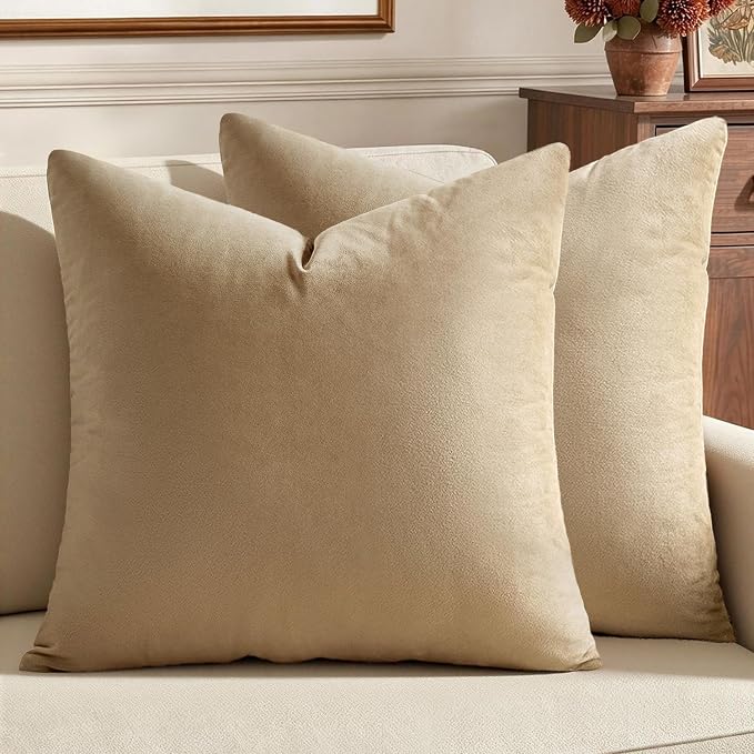 MIULEE Velvet Throw Pillow Covers 18x18 Inch Pack of 2 Beige | Soft Solid Decorative Pillow Covers, Modern Luxury Home Decor, for Couch Chair Sofa Bedroom Livingroom