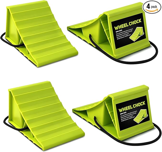ROBLOCK 4 Pairs Wheel Chocks for Travel Trailers, Non Slip Base Heavy Duty Green Camper Wheel Chockwith Rope, Lightweight Wheel Stoppers for Cars, Camper Trucks, RVs, Easy to Carry, Green