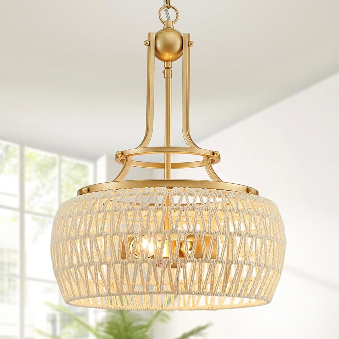 WUZUPS Rattan Boho Chandelier Rustic Farmhouse Industrial Round Coastal Hanging Pendant Light Fixture Wicker Lampshade for Dining Room Kitchen Island Foyer Entryway, H 19.6" x W 15.9", Gold