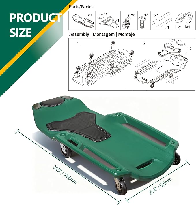 SATA 40” Creeper with Magnetic Trays with Padded Headrest, 300lbs Capacity Shop Creeper with Durable Casters