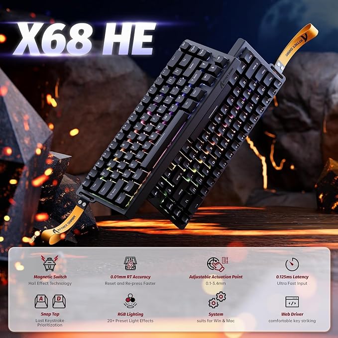 ATTACK SHARK X68 HE RT Mechanical Gaming Keyboard 60% Wired TKL-Black | Adjustable Actuation,Hall Effect Magnetic Switch,8KHz Polling Rate,RGB Backlit,Top Mount, Web Driver for PC Mac Esport Gamer