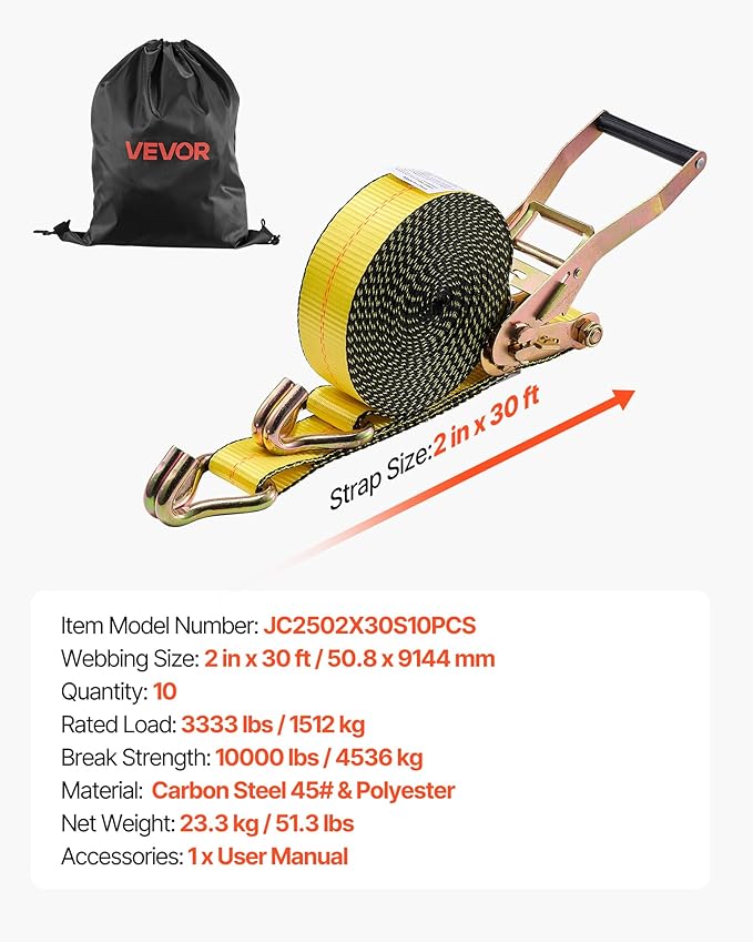 VEVOR Ratchet Straps, 2 in x 30 ft, Heavy Duty Tie Down Straps with Double J Hook, 10,000 lbs Break Strength, Tie Down Ratcheting for Moving, Trailers, Motorcycles, Kayaks, Car Roof, 10 Pack