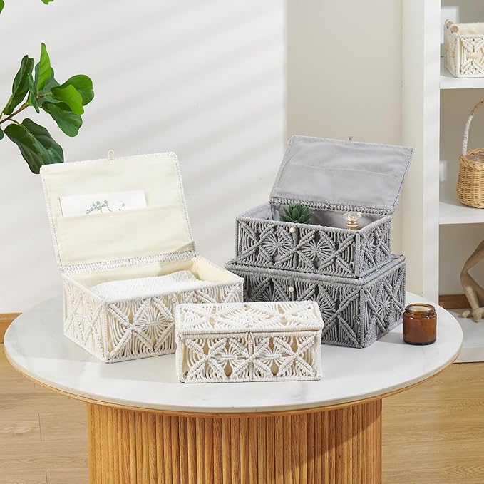 2PCS Decorative Boho Storage Basket with Lid Natural Macrame Box | Handmade Cotton Rope Woven Bins, Shelf Organizer Container for Jewelry Memory Keepsake Photo Makeup, Off White, Small&Large