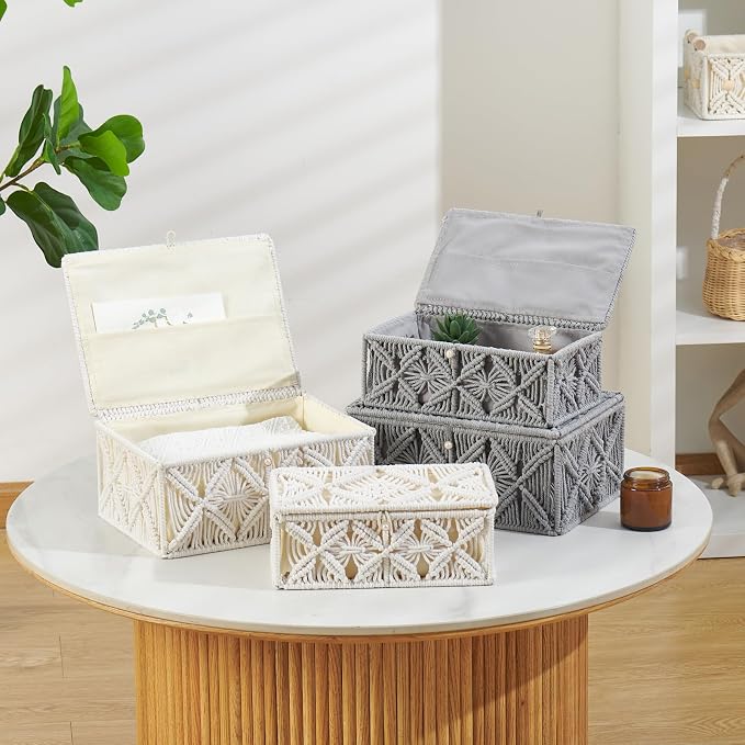 Decorative Boho Storage Baskets with Lid Natural Macrame Boxes | Handmade Cotton Rope Woven Bins, Shelf Desk Organizer Container for Jewelry Memory Keepsake Photo Makeup, Off White, Small