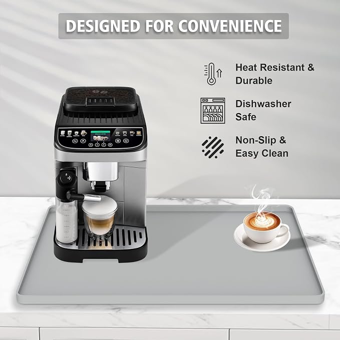 Silicone Coffee Mat 24"x16", Single Piece Anti-Vibration Under Coffee Maker Mat, Non-Slip Espresso Machine Mat with 10mm Raised Edge, Noise Reduction Countertop Protector, Fits Breville Ninja Keurig